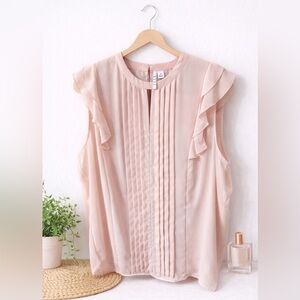 ELLE Blush Pink Ruffle Sleeve Blouse XL Pleated Front Keyhole Back